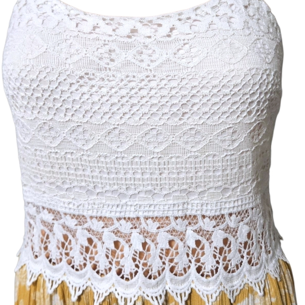 Wmns Crochet & Yellow Floral Sundress Sz LG Lace Cutout Feminine Coquette Boho - Picture 5 of 16
